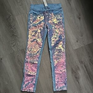 Justice Skinny Jeans with Blue Denim and Pink/Gold Sequin Panels